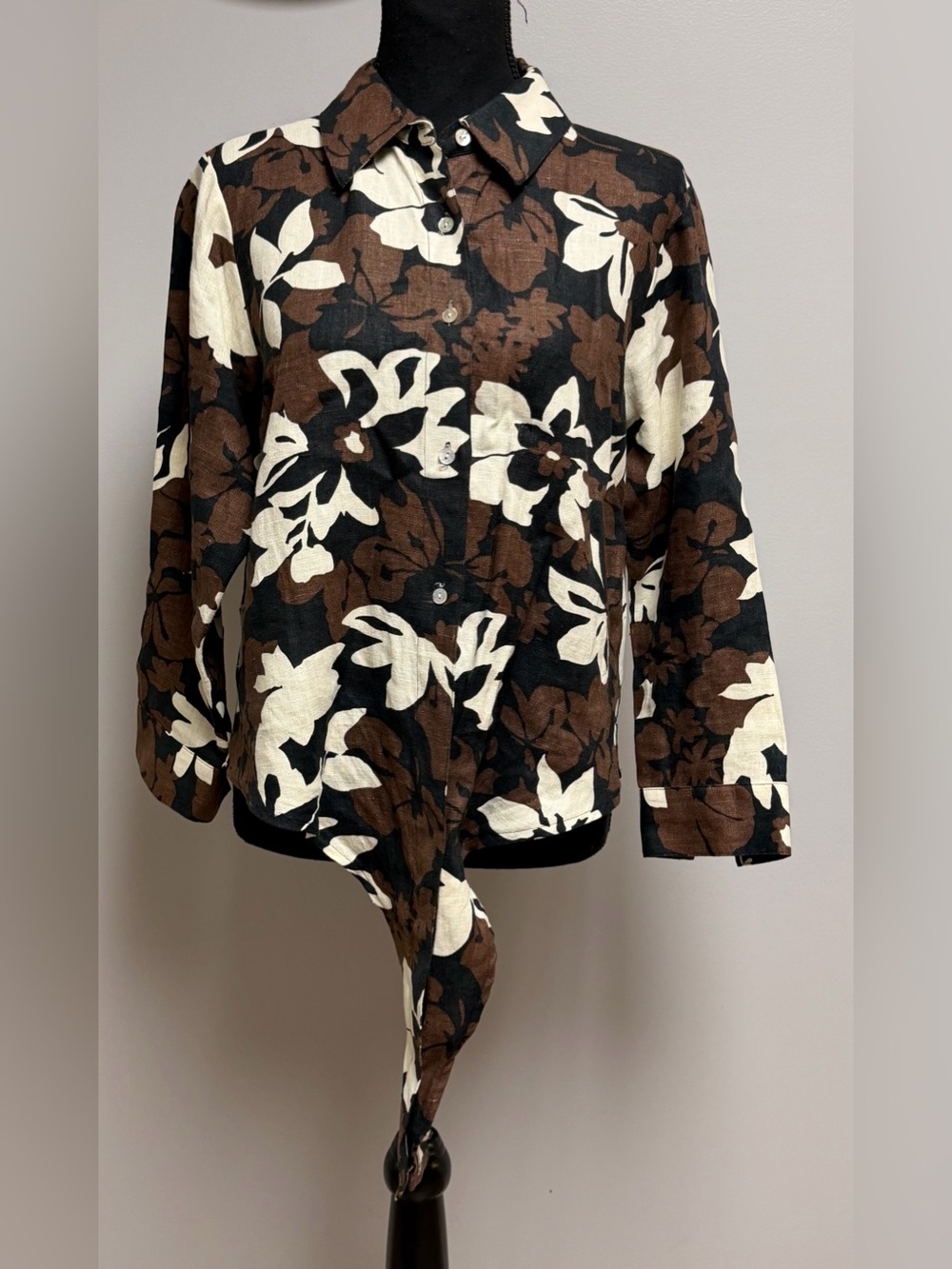 VTG Carry Back 100% Linen Abstract Floral Button Up Shirt Tie Front Blouse S